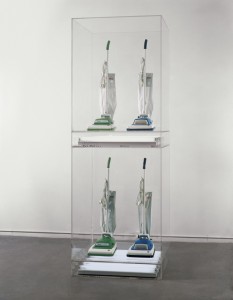 Jeff Koons, New Hoover Convertibles, Green, Blue; New Hoover Convertibles, Green, Blue; Double-Decker, 1981–87. Vacuum cleaners, plexiglass, and fluorescent lights, 116 × 41 × 28 in. (294.6 × 104.1 × 71.1 cm)