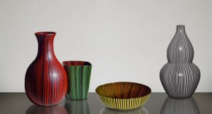 Rigati e tessuti glass pieces designed by Carlo Scarpa for Venini, ca. 1938–1940. Private collection; Chiara and Francesco Carraro Collection, Venice; European Collection