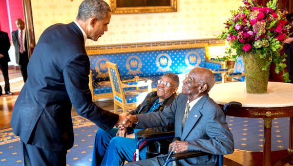 Barack Obama with Richard Overton and Earlene Love Karo