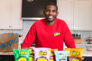 Chris Paul with Good Eatn Lineup Kitchen Counter and Gopuff Bag