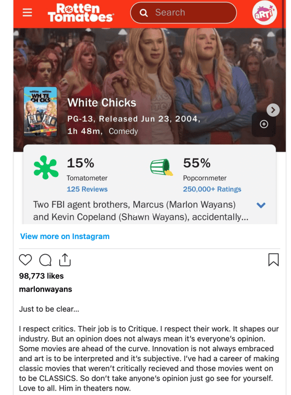 White Chicks movie poster scene with two main characters standing with crossed arms among a crowd, showcasing comedy genre and movie release details.