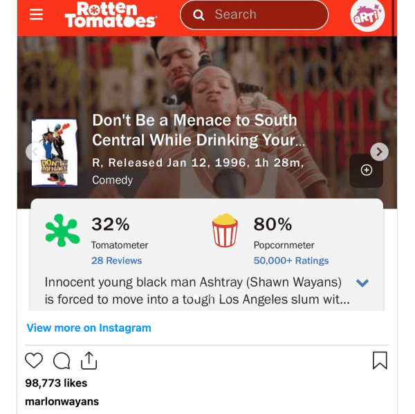 Don't be a menace to south central while drinking your... comedy movie poster featuring Shawn Wayans and Marlon Wayans, Paramount Pictures, 1996.