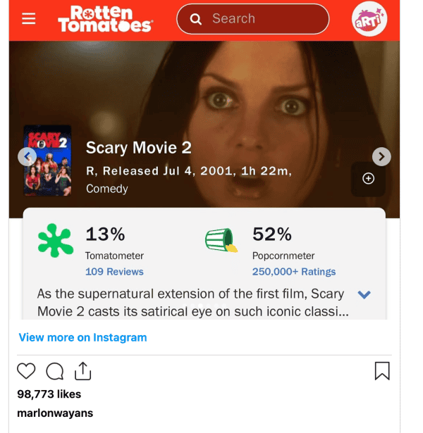 A woman with wide eyes and an open mouth from the movie Scary Movie 2, promoting a comedy film released in 2001, featuring horror and parody elements.