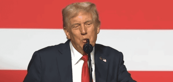 Orange background, former US President Donald Trump speaking at a political rally, wearing a navy suit, white shirt, red tie, and an American flag lapel pin, emphasizing his political message.