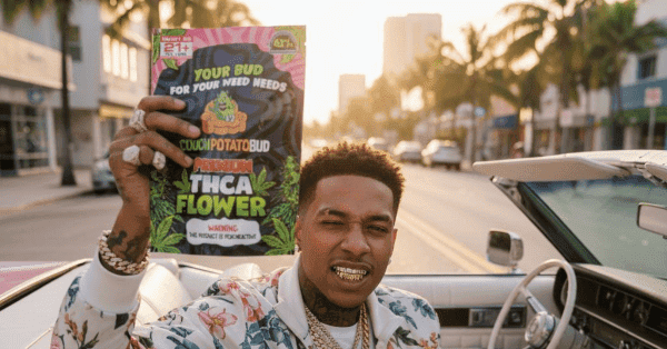 Potato bud cannabis product packaging with THCA flower label in urban street scene.