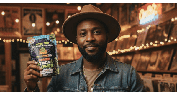 Premium cannabis packaging with vibrant cannabis leaf design, THC and CBD info, and bold branding for THC Power, highlighting quality cannabis products available at The Source.