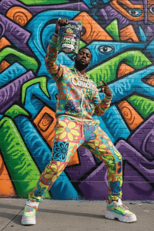 Brightly dressed man holding cannabis product package in front of colorful graffiti wall, showcasing streetwear and cannabis culture, vibrant urban art promoting dispensaries and recreational cannabis products, Thesource.com.